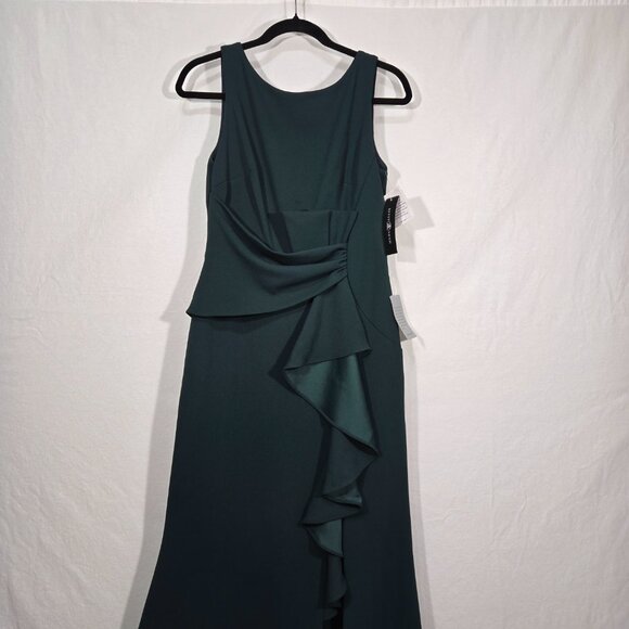 BETSY ADAM "Christine" PINE Scuba Crepe Ruffle Bow Slit Formal Gown Dress Size 8 - Picture 3 of 17